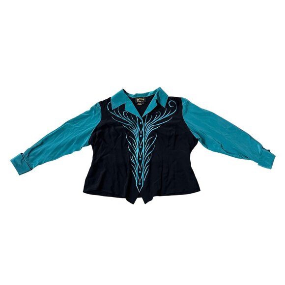 Vintage Bob Mackie Wearable Art Shirt Silk Western 90s Blouse Teal Black 1X READ - Picture 2 of 9